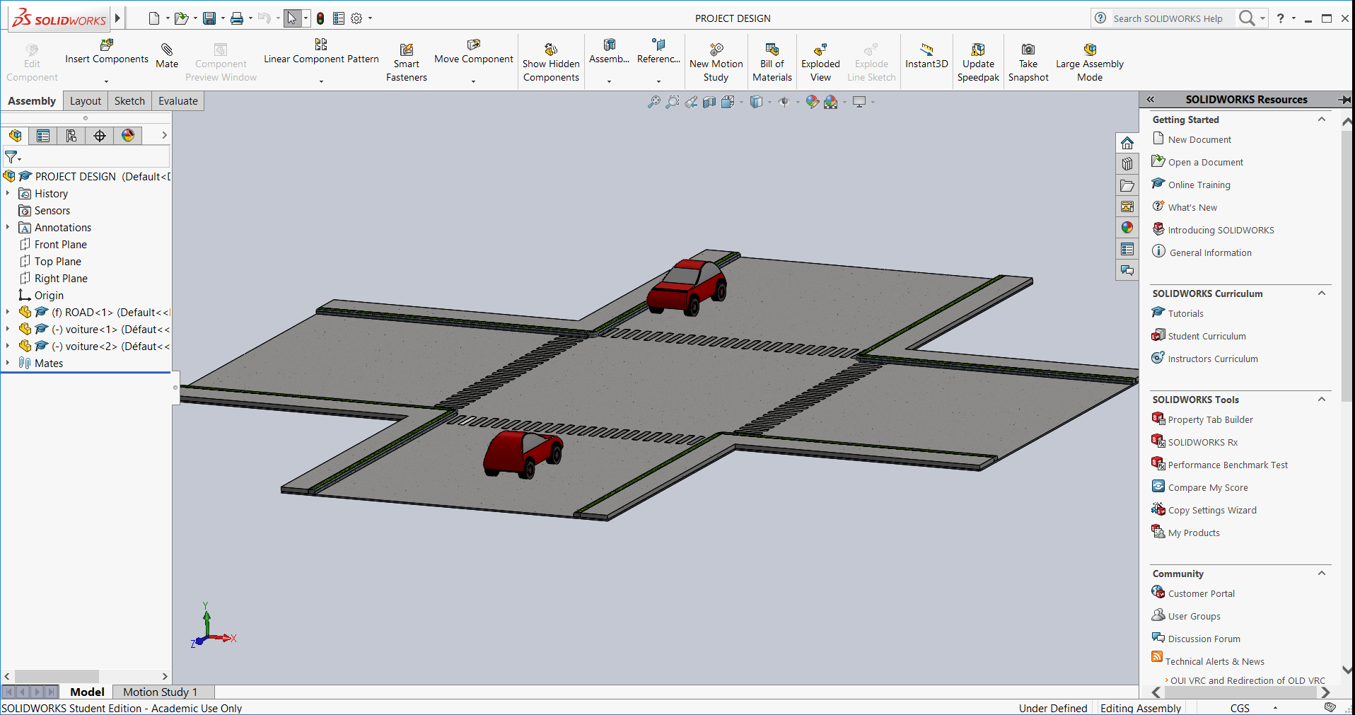 How do i use motion study to move the two cars so they could pass each