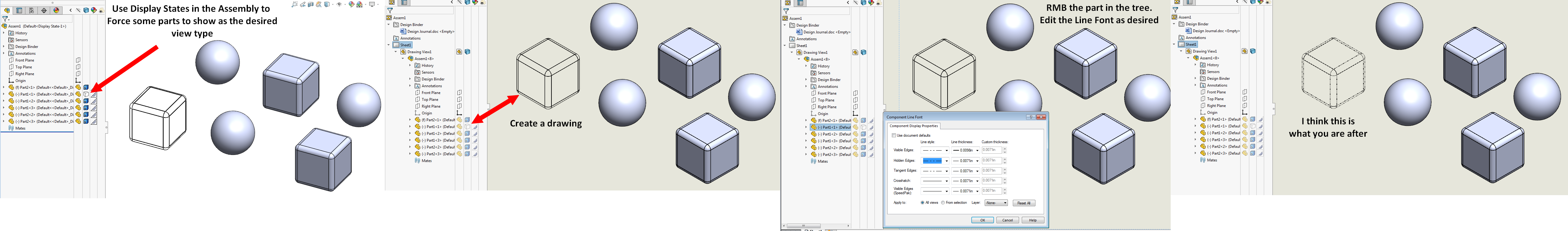 Assy drawing: how to display ref parts phantom & not shaded ...