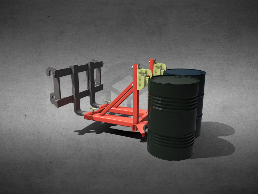 Fork-mounted drum clamp.