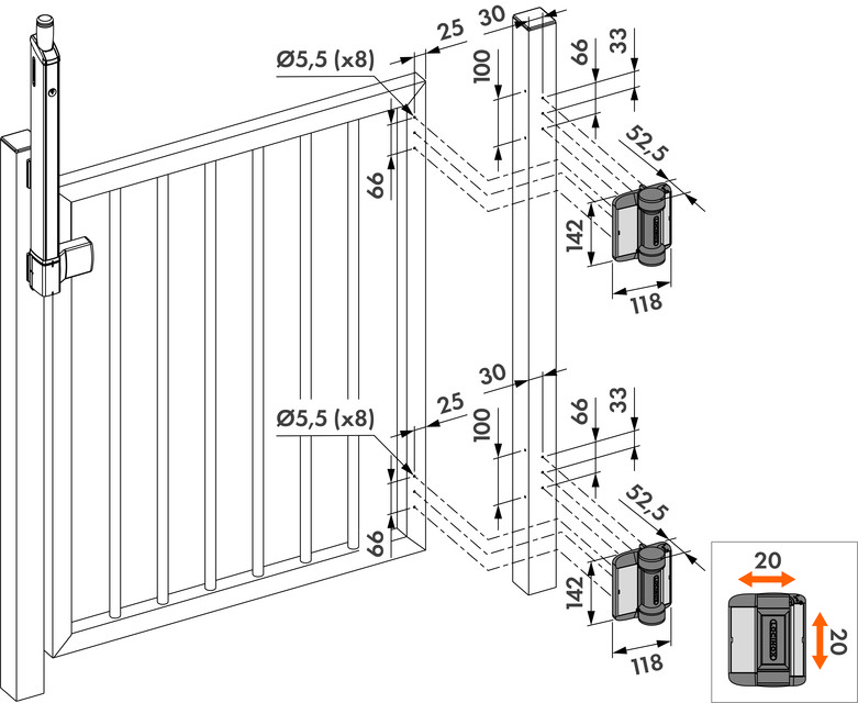 Locinox Serval 180° spring hinge mounted with self drilling screws 3D