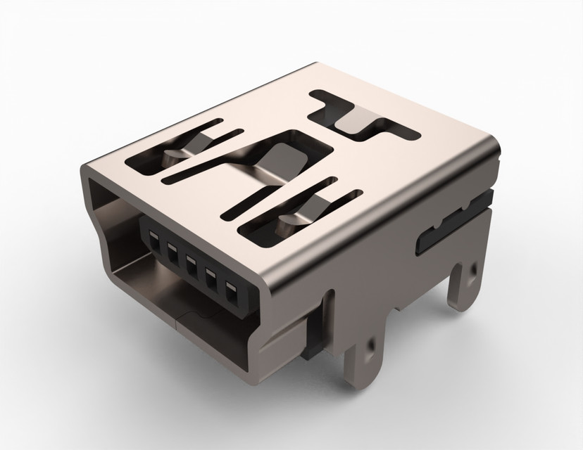 USB Connector, USB 2.0, Right-Angle 5P Female Mini-B Plugin