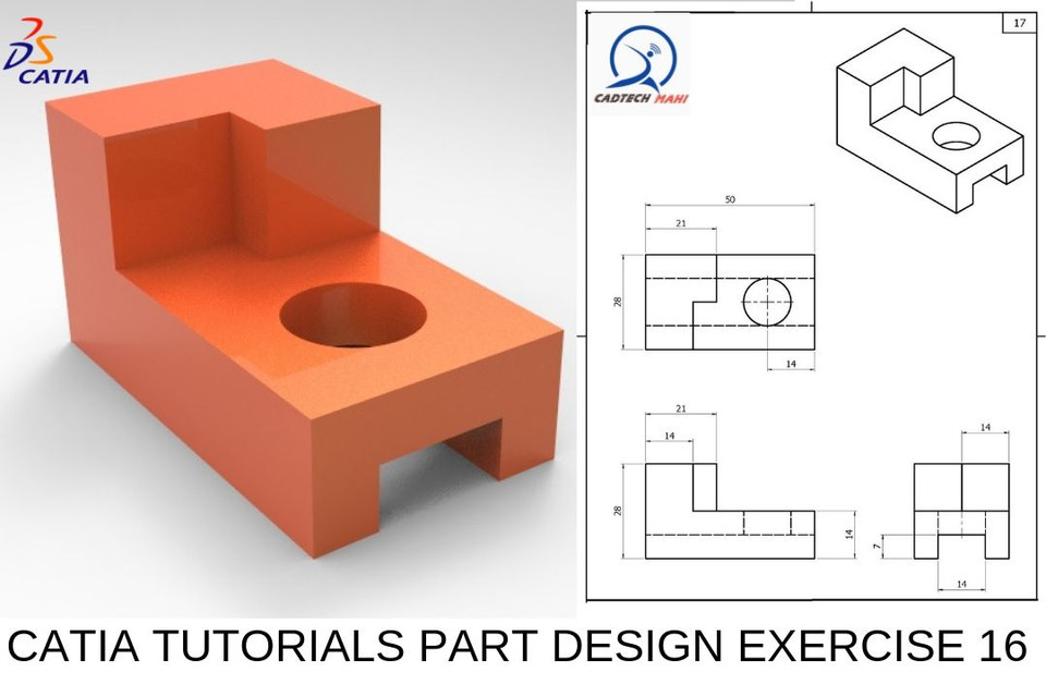 catia tutorials |simple part design exercise 16 |cadtech mahi