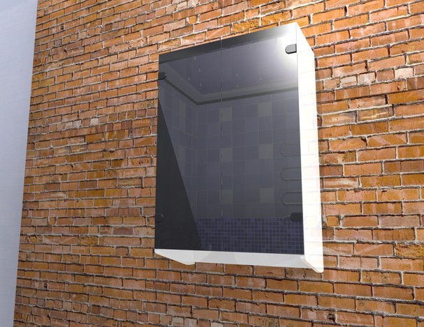 The cabinet in the bathroom