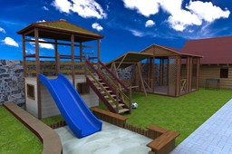 Playground with swings and a summerhouse, Fence, Forged handrail,canopy