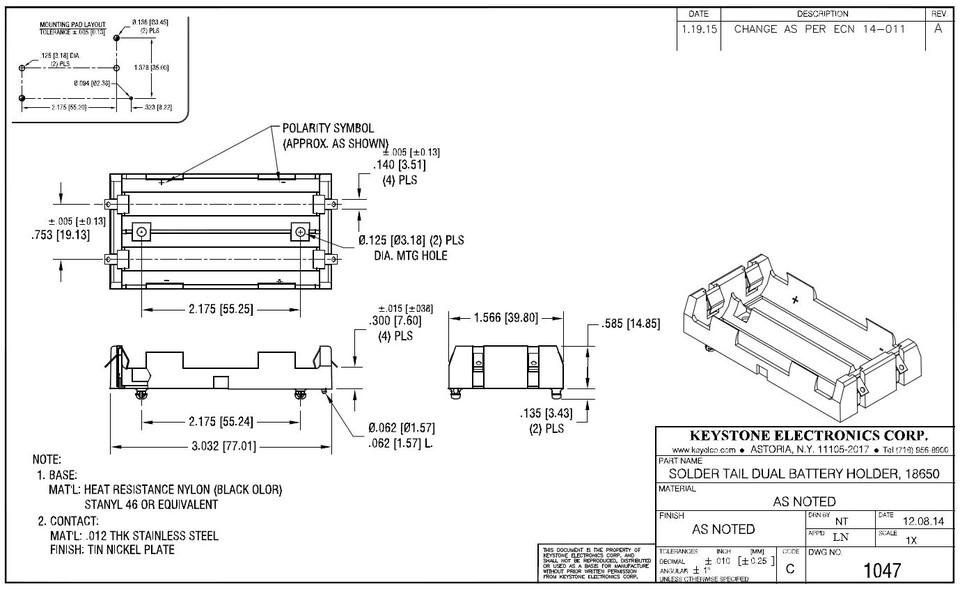 Keystone Electronics 18650 Dual Cell Holder (STab) 3D CAD Model
