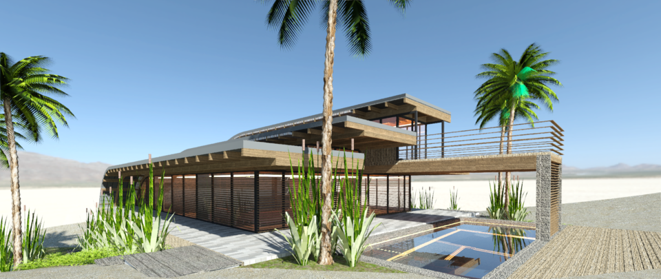 Habitation avec piscine sur terrain accidenté